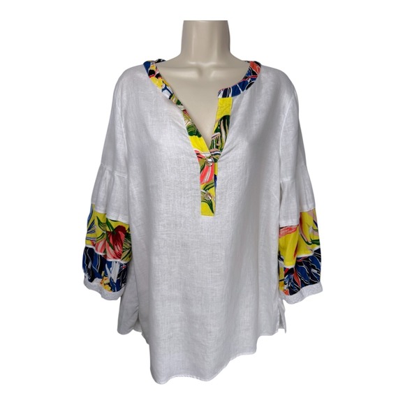 John Mark Tops - John  Mark Linen Top Womens Medium White Tropical Floral 3/4 Sleeve Beach Summer
